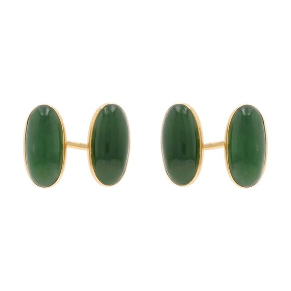 Yellow Gold Nephrite Jade Vintage Men's Cufflinks - 14k Oval Cabochon